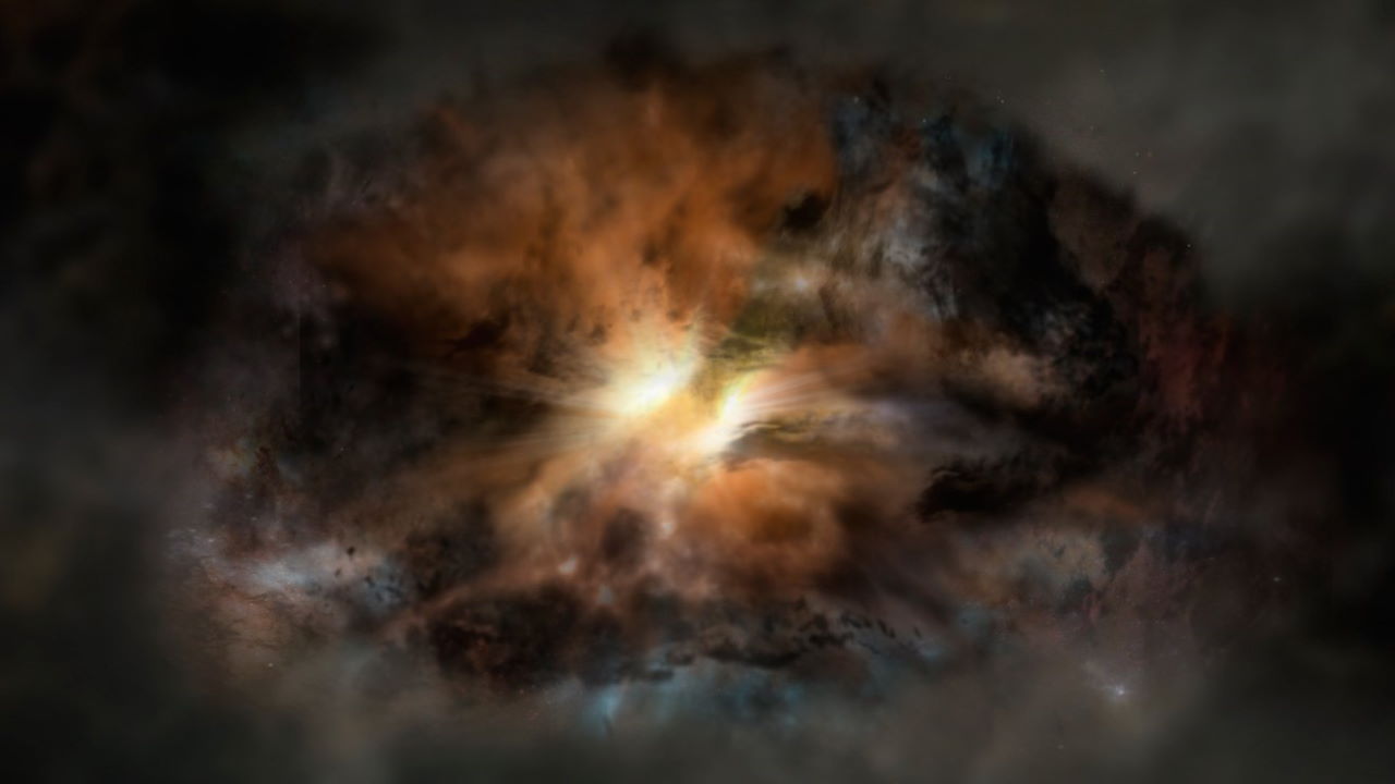 Художнє зображення галактики&amp;nbsp;W2246-0526 — однієї з галактик, яка володіє&amp;nbsp;квазаром-«хотдогом» у центрі. JPL / NASA
