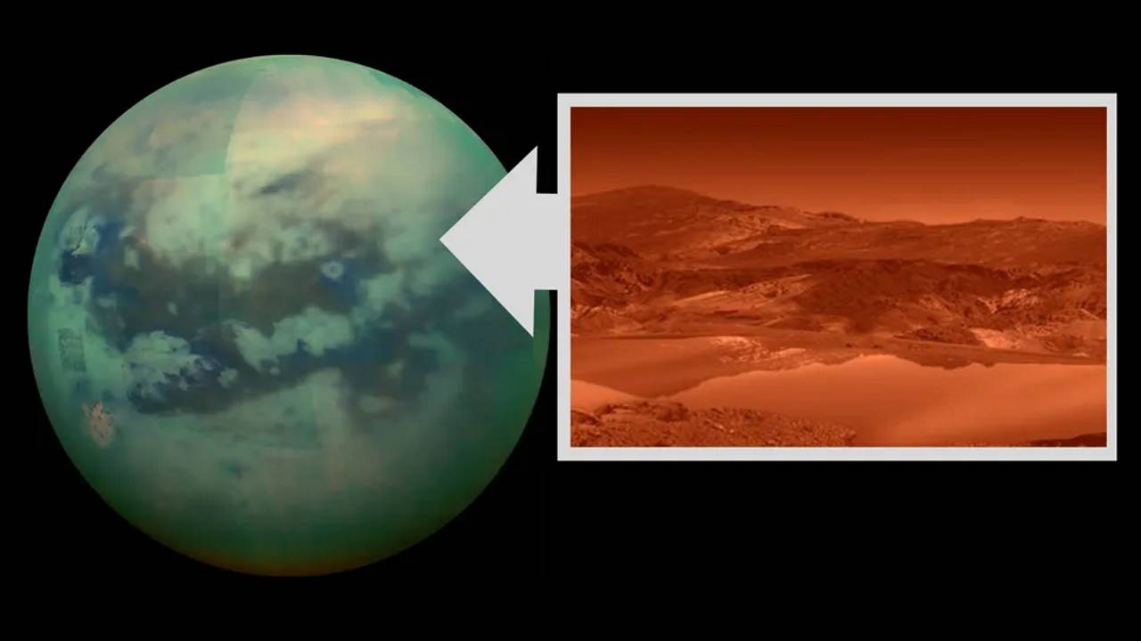 Ліворуч вигляд Титана на знімку «Кассіні», а праворуч — ілюстрація озерного пейзажу на супутнику. NASA / JPL