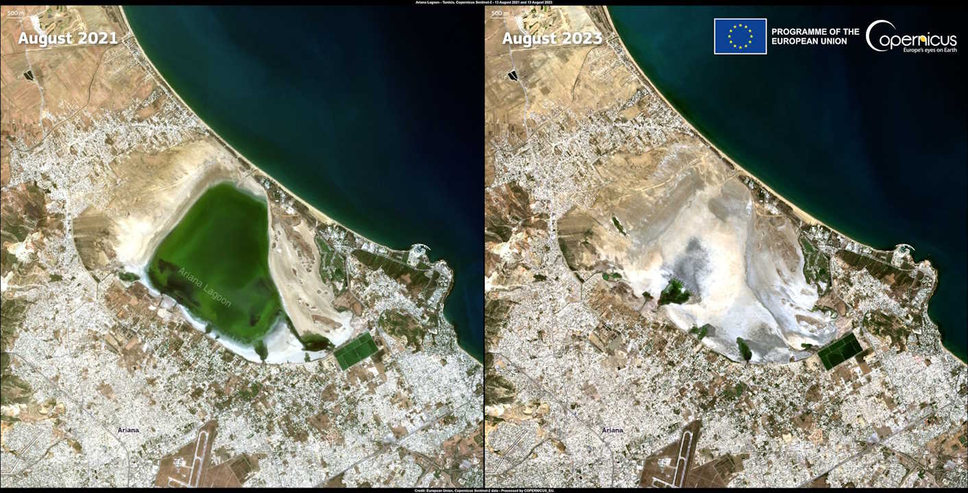 Озера і прибережні лагуни Тунісу страждають від високих температур і тривалої посухи. Лагуна Аріана поблизу Туніса яскраво демонструє триваючу кризу. Зображення, захоплені супутниками Copernicus Sentinel-2 у серпні 2021 (ліворуч) та 2023 (праворуч) років, показують, як лагуна, важливе місце гніздування перелітних птахів, яка колись кишіла життям, майже повністю висохла.