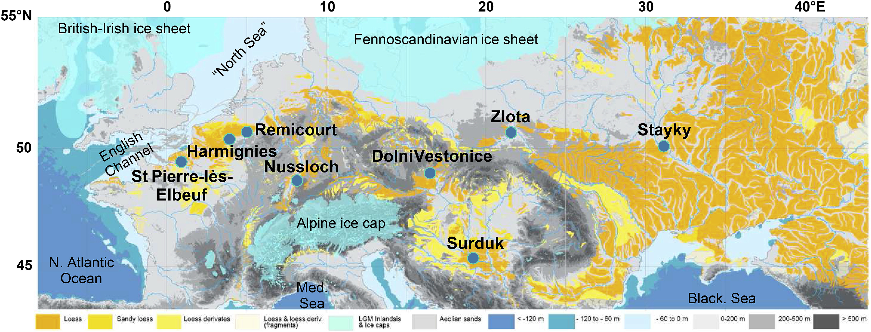 Лесові відкладення Європи. На мапі також відмічено розташування зразків, які досліджували вчені. Denis-Didier Rousseau et al.