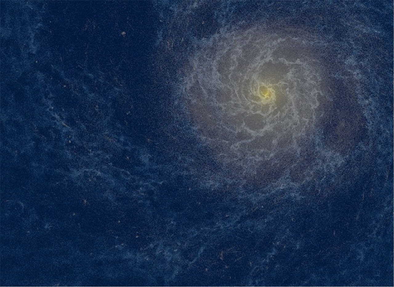 Ілюстрація розподілу зірок і газу в моделюванні формування Чумацького Шляху, яке використовується в цьому дослідженні. Жовті крапки представляють зірки, а блакитні та білі дифузні хмари зображують газ. Yutaka Hirai
