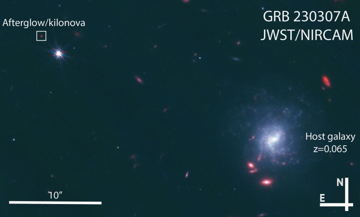 Зображення GRB 230307A через 28 днів після спалаху, яке отримав телескоп за допомогою камери NIRCam.&amp;nbsp;Andrew Levan et al. / arXiv, 2023