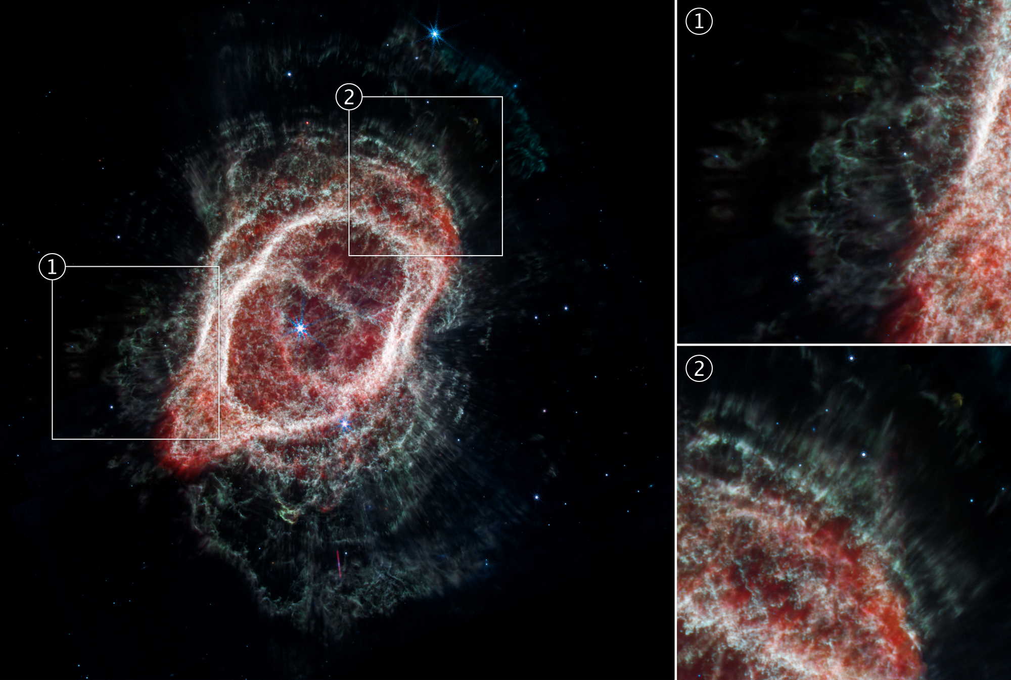 Особливості структури туманності, які вдалося побачити завдяки телескопу.&amp;nbsp;NASA, ESA, CSA, STScI, Orsola De Marco (Macquarie University); Joseph DePasquale (STScI)
