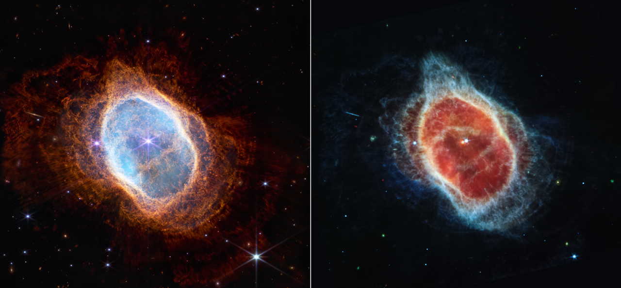 Зображення туманності, складені зі знімків на інструменти NIRCam та MIRI у різних фільтрах. NASA, ESA, CSA, STScI, Orsola De Marco (Macquarie University); Joseph DePasquale (STScI)