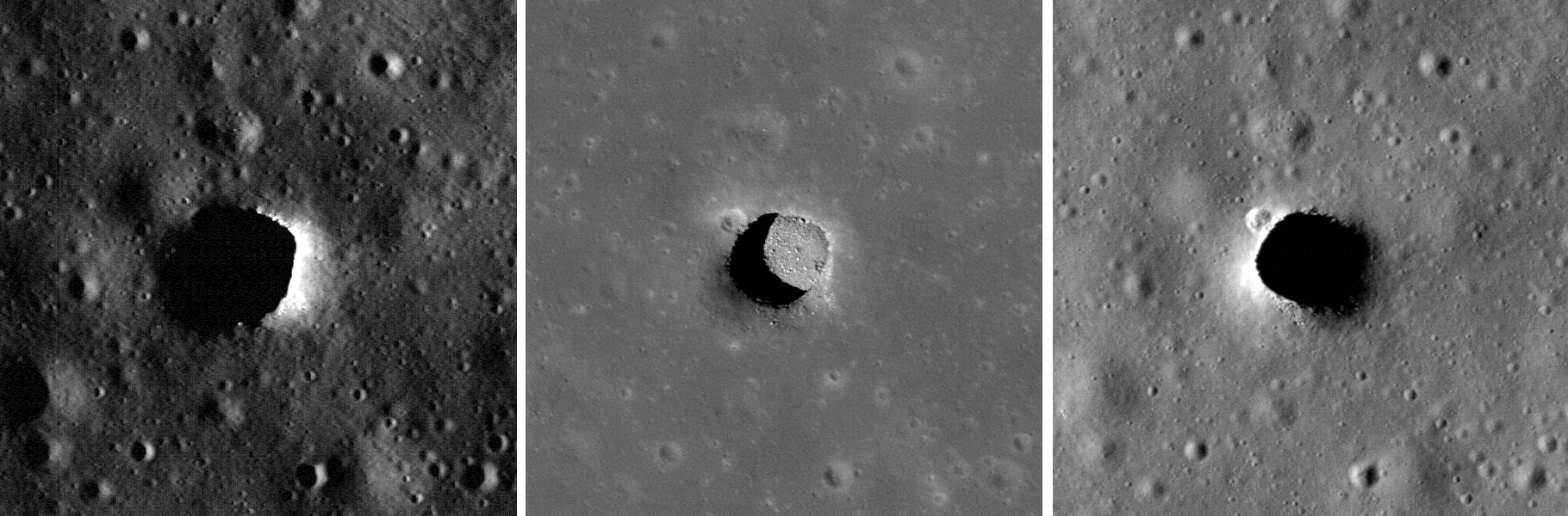 Одна з печер поблизу кратера Маріус на зображеннях камери Lunar Reconnaissance Orbiter у різному освітленні. NASA / GSFC / Arizona State University