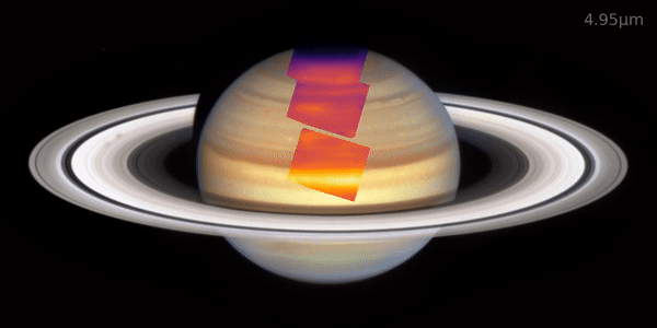 Зображення Сатурна в інфрачервоному діапазоні, отримані інструментом MIRI, які наклали на світлину сатурна, яку зробив телескоп&amp;nbsp;«Габбл».&amp;nbsp;Leigh Fletcher / Twitter