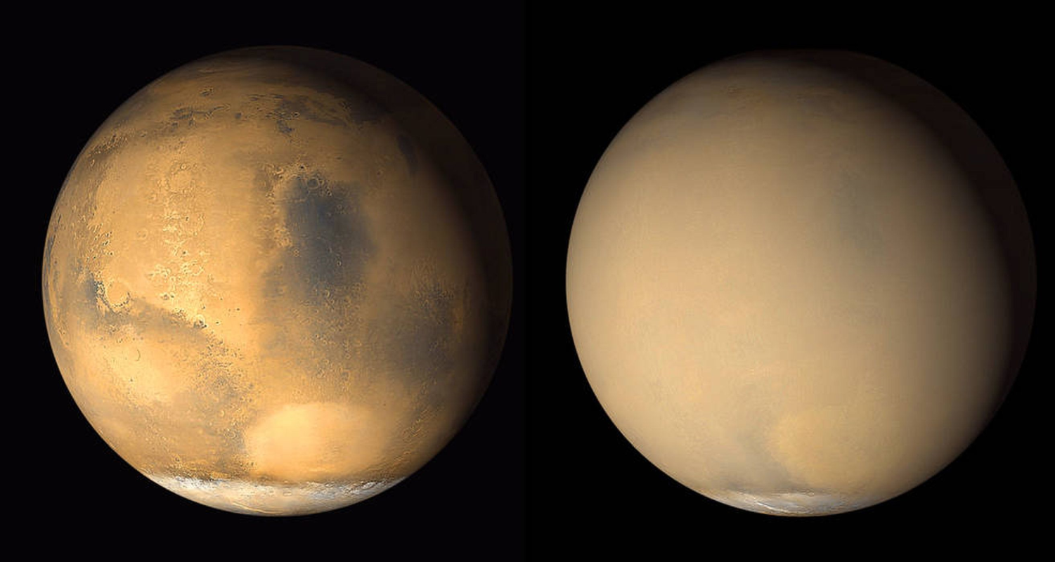 Марс до і під час глобальної пилової бурі. NASA/JPL-Caltech/MSSS