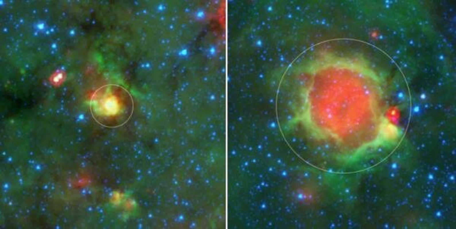 Зліва зображена одна з таких жовтатих кульок, а справа — бульбашка у хмарі водню. Там може народитися зірка. NASA, JPL-Caltech