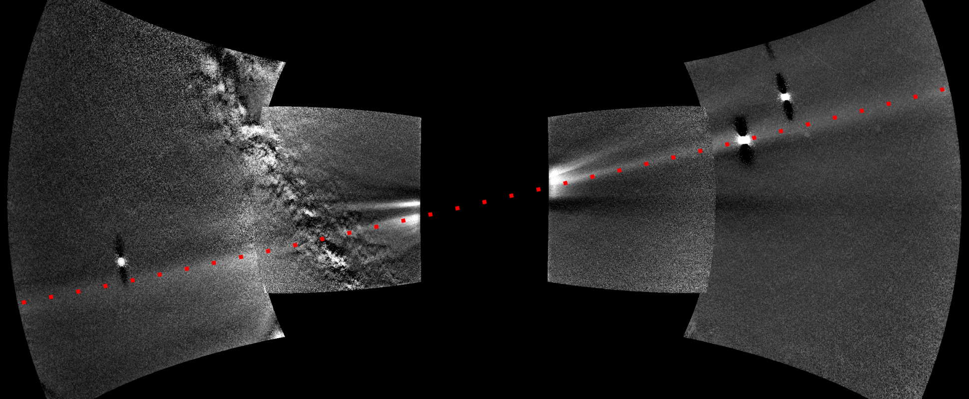 Композитний знімок з чотирьох зображень. Пилове кільце тягнеться по діагоналі від нижнього лівого до правого верхнього кута, воно позначене червоною пунктирною лінією. Яскравими об’єктами є планети, зліва направо: Земля, Венера та Меркурій. Зліва видно частину Чумацького Шляху. NASA, Johns Hopkins APL, Naval Research Laboratory, Guillermo Stenborg, Brendan Gallagher / NASA