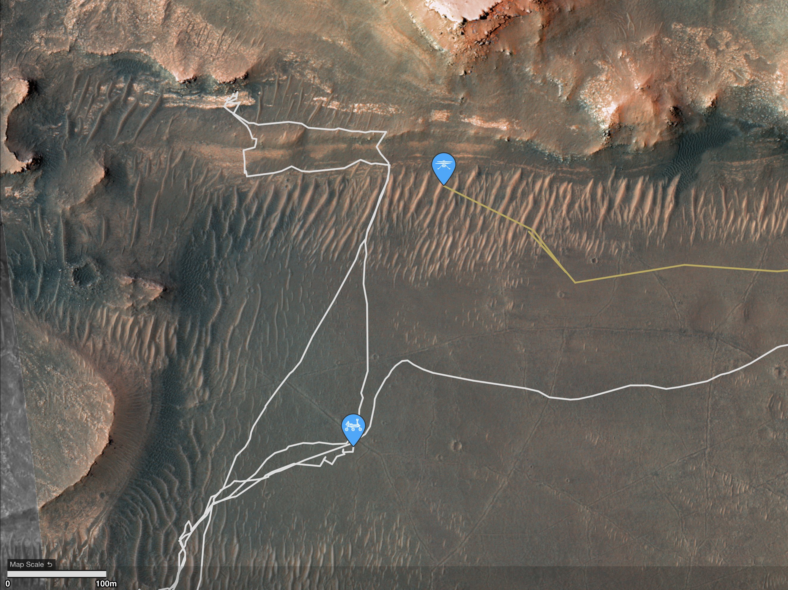 Положення дрона та марсохода у кратері Єзеро.&amp;nbsp;NASA's Perseverance Mars Rover / Twitter