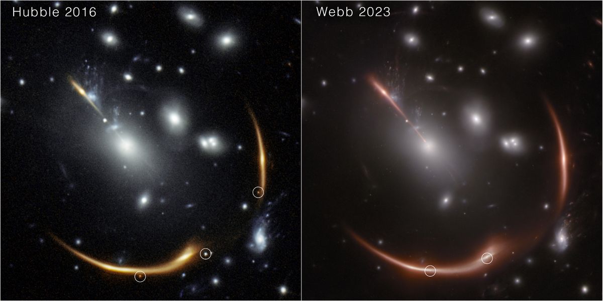 Порівняння знімків&amp;nbsp;«Габбла» (зліва) та&amp;nbsp;«Джеймса Вебба» гравітаційно лінзованої галактики.&amp;nbsp;NASA/ESA/CSA/STScI/Justin Pierel (STScI)/Andrew Newman (CIS)