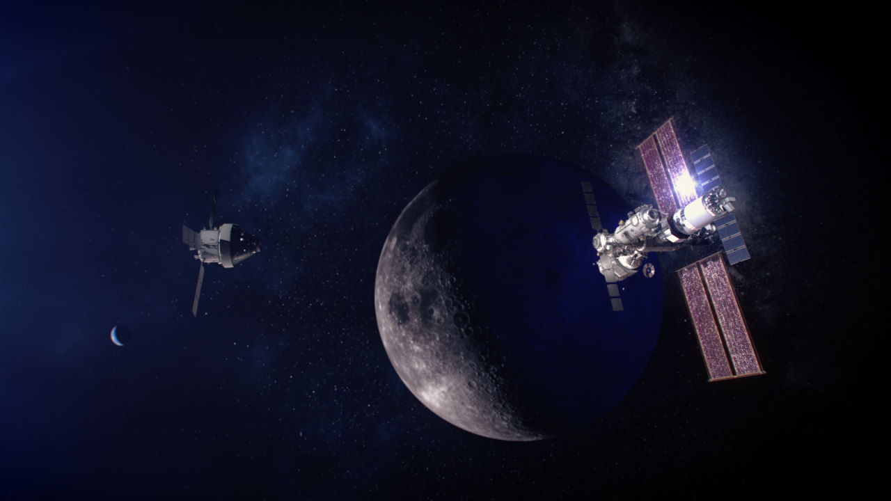 Концепція станції Lunar Gateway із «Оріоном», що наближається до неї. NASA / flickr