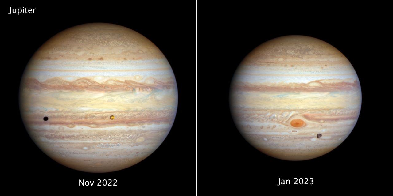 Зображення Юпітера, які отримав «Габбл». На них видно супутник планети Іо (на зображенні зліва), а&amp;nbsp;Велику червону пляму, а також ще одного супутника планети Ганімеда (зображення справа).&amp;nbsp;NASA, ESA, STScI
