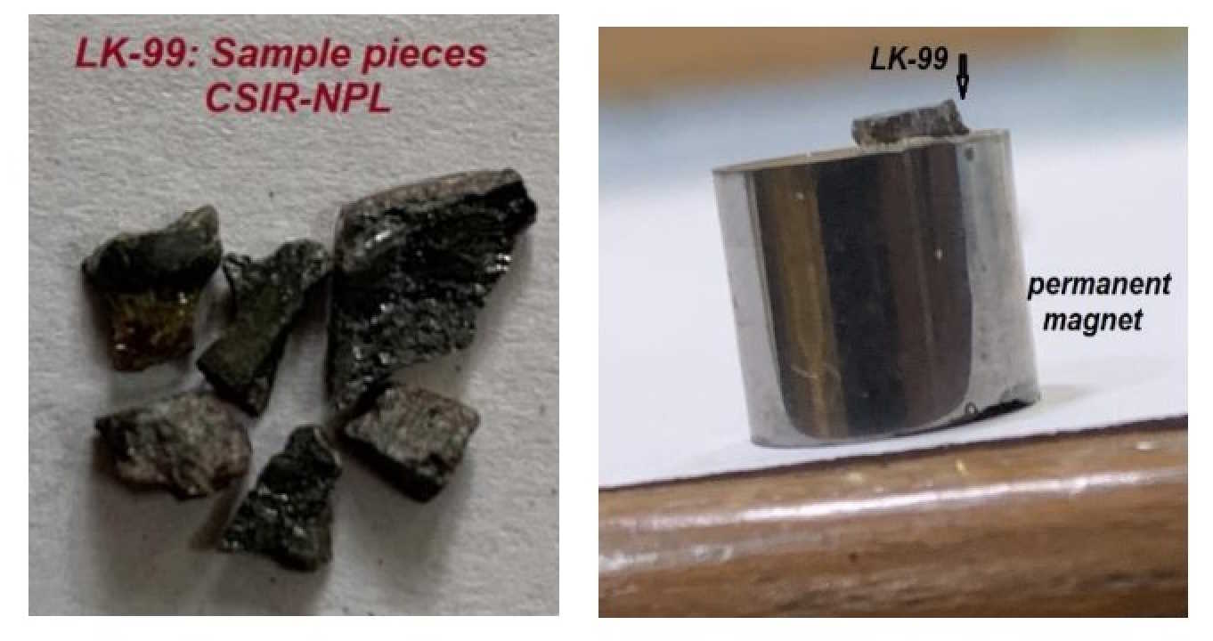 Отримані індійськими вченими зразки LK-99. Як видно на зображенні, над магнітом вони не левітують, як мали б, якби проявляли надпровідність. Kapil Kumar et al. / arXiv, 2023