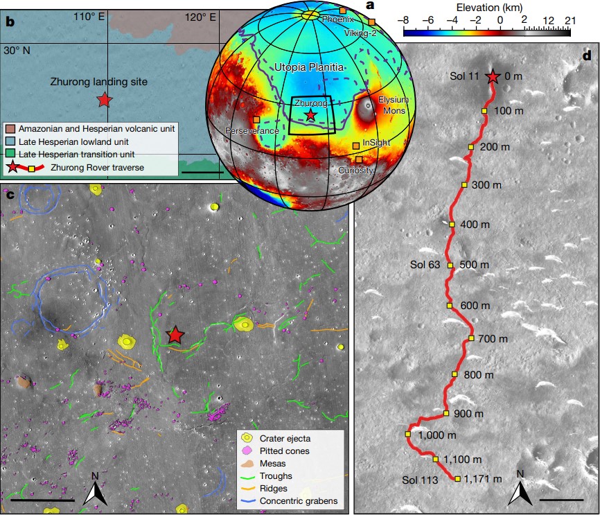 Регіон посадки марсохода, а також місця посадки InSight, «К'юріосіті», «Персеверанса» і «Вікінг-2». Цей шлях «Чжужун» пройшов з 25 травня по 6 вересня 2021. Chao Li et al. / Nature, 2022