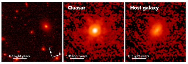 Зображення квазара J2236+0032 та його батьківської галактики на світлинах, які зробив «Джеймс Вебб» за допомогою інструмента NIRCam. Ding, Onoue, Silverman, et al. / Nature, 2023