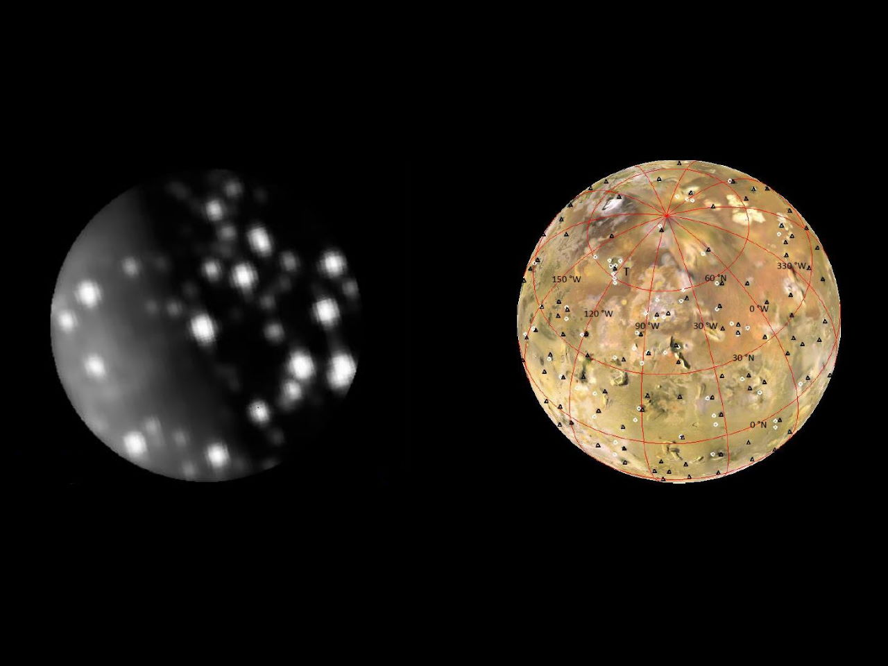 Гарячі точки на Іо, які виявив інструмент&amp;nbsp;JIRAM під час одного з наближень&amp;nbsp;«Юнони» до супутника (зліва), і мапа вулканів на Іо, яку склали астрономи.&amp;nbsp;Ashley Gerard Davies et al. / arXiv, 2023