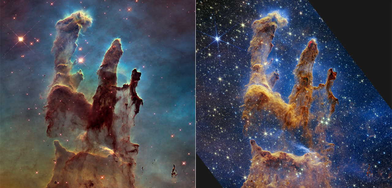 Порівняння зображень «Стовпів творіння», які зробив у 2014 «Габбл» (зліва), та «Джеймс Вебб». NASA, ESA, CSA, STScI, Hubble Heritage Project (STScI, AURA); Joseph DePasquale (STScI), Anton M. Koekemoer (STScI), Alyssa Pagan (STScI)