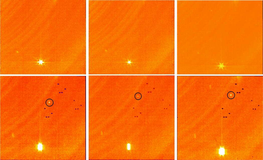 Знімки астероїда (10920) 1998 BC1, отримані за допомогою MIRI. Чорним кружком обведено нововідкрий астероїд. T. G. Müller et al. / Astronomy&amp;amp;Astrophysics, 2023