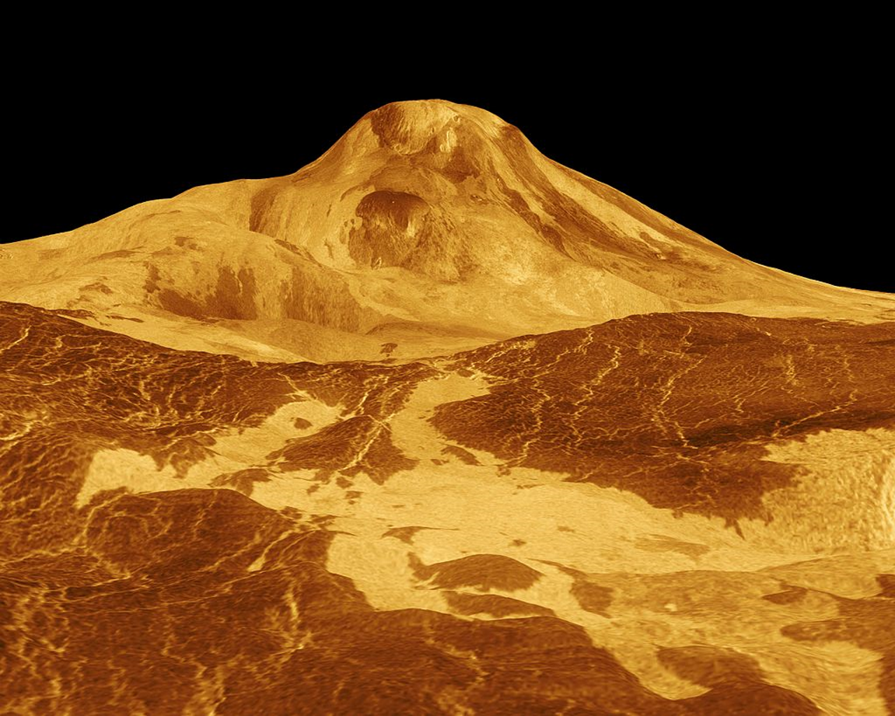 Найвищий венеріанський вулкан — гора Маат. Зображення створене за допомогою радіолокаційних даних космічного апарата Магеллан. Насправді сам вулкан темно-сірий, а небо - зеленувато-жовте. NASA - Jet Propulsion Laboratory / Wikimedia Commons