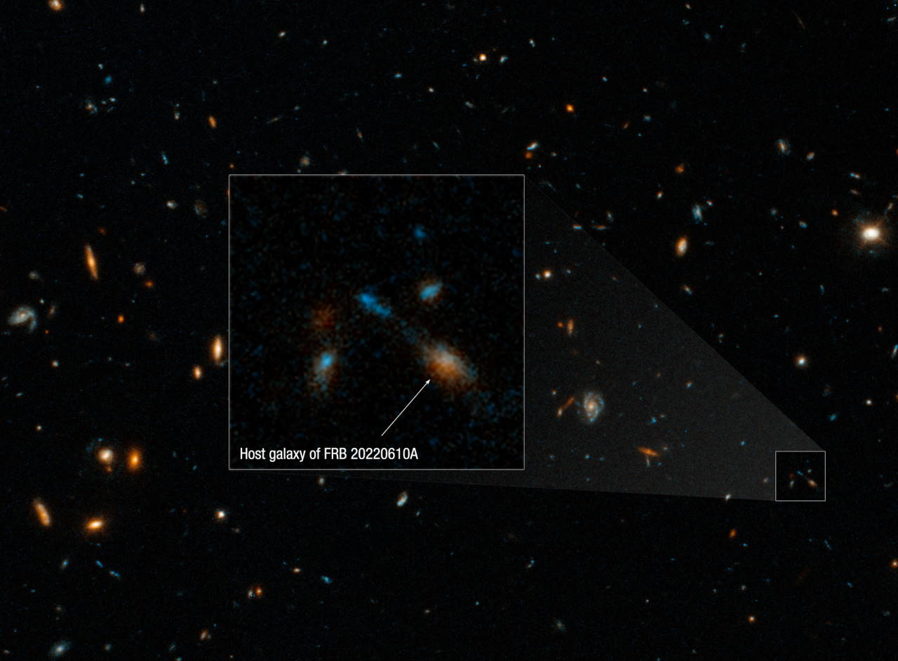 Група галактик, з якої походив сплеск, на знімку телескопа.&amp;nbsp;Hubble Site