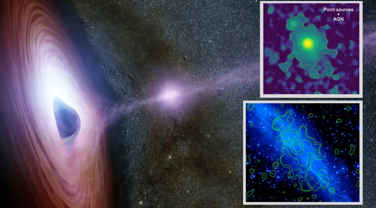 Ілюстрація струменя випромінювання, що виникає під час поглинання чорною дірою речовини, а також (вставка вгорі) галактика NGC 4945 на рентгенівському знімку телескопа XMM-Newton й вона ж у видимому світлі (вставка внизу). NASA/JPL-Caltech/Weaver et al. 2024, ESA/XMM-Newton