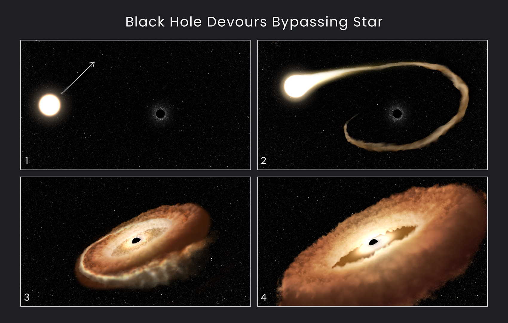 Ілюстрація події припливного руйнування, яку застав телескоп.&amp;nbsp;NASA, ESA, Leah Hustak (STScI)