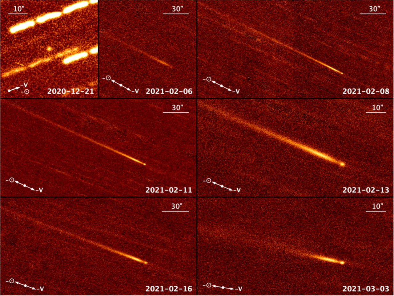 323P/SOHO на зображенні «Субару» у грудні (перше фото), телескопа CFHT у лютому (вже після перигелію, наступні три фото), телескопа LDT (6 знімок) і телескопа «Джеміні-Північ». Man-To Hui et al. / The Astronomical Journal, 2022