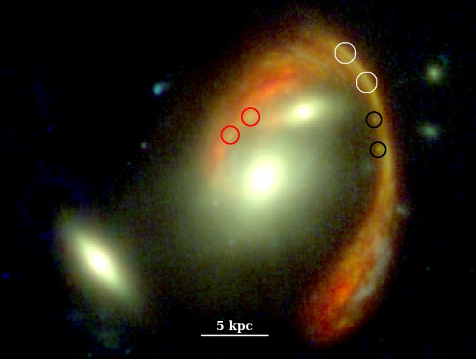 Галактика, що через своє викривлення отримала назву Ель Ансуело («Рибальський гачок» з іспанської). Вона також слугує лінзою для кількох джерел випромінювання (позначено колами).&amp;nbsp;Jose M. Diego et al. / arxiv, 2022