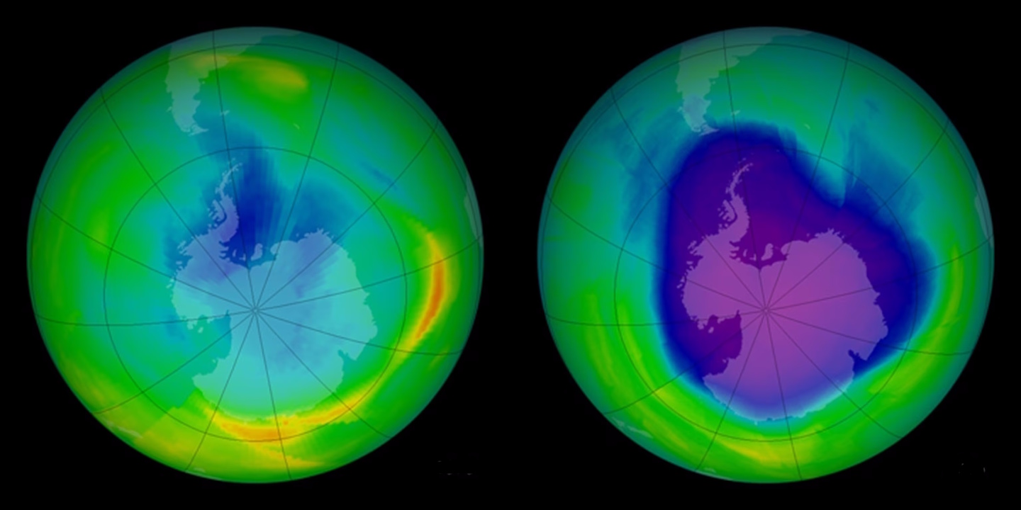 Ріст діри в озоновому шарі над Антарктидою з 1979 по 2008 роки. NASA Earth Observatory