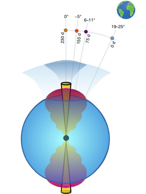 Схема геометричних параметрів джета GW170817 для спостерігачів з Землі. Показане ядро джета (жовтим), кокон, що його оточує (червоний), та утворений викид (синім). Кут між лінією спостереження та віссю джета складає 19-25 градусів.&amp;nbsp;Kunal P. Mooley et al. / Nature, 2022&amp;nbsp;
