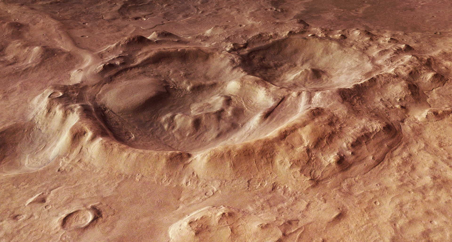 Моделювання кратерів рівнини Еллада, яка могла утворитися у нойський період — між 3,8 та 4,1 мільярда років тому. Саме в цей час автори роботи розглядають потенційну населеність Марса. ESA / DLR / FU Berlin