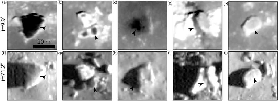 Знімки валунів, отримані LRO. На a–d і f–i зображене запилене темним пилом каміння, а на e, j - звичайним, що повсюдно зустрічається на Місяці. Ottaviano Rüsch et al. / JGR Planets, 2024
