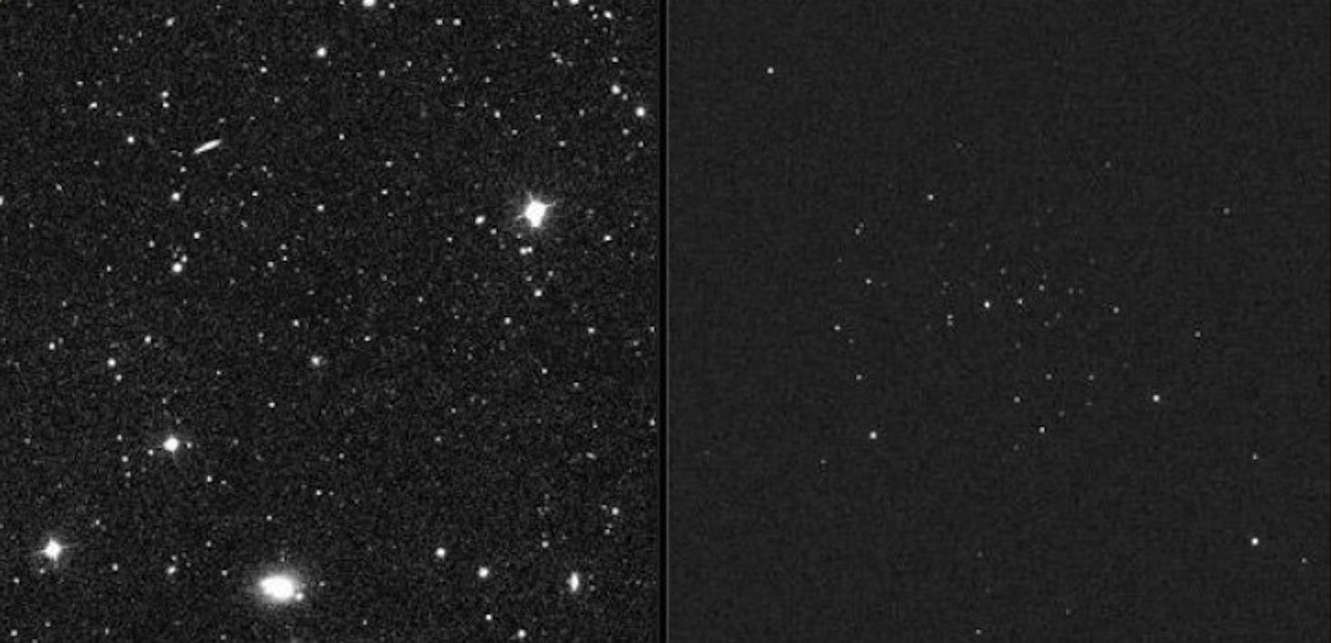 Фрагмент зоряного неба, на якому видно карликову галактику Segue 1. Sloan Digital Sky Survey, M. Geha