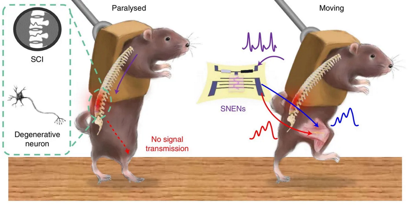 Ілюстрація паралізованої миші на опорі із пошкодженим спинним мозком, яка не здатна рухатися (зліва), і миші зі штучним нервом, завдяки якому ходить (справа).&amp;nbsp;Yeongjun Lee et al. /&amp;nbsp;Nature Biomedical Engineering, 2022