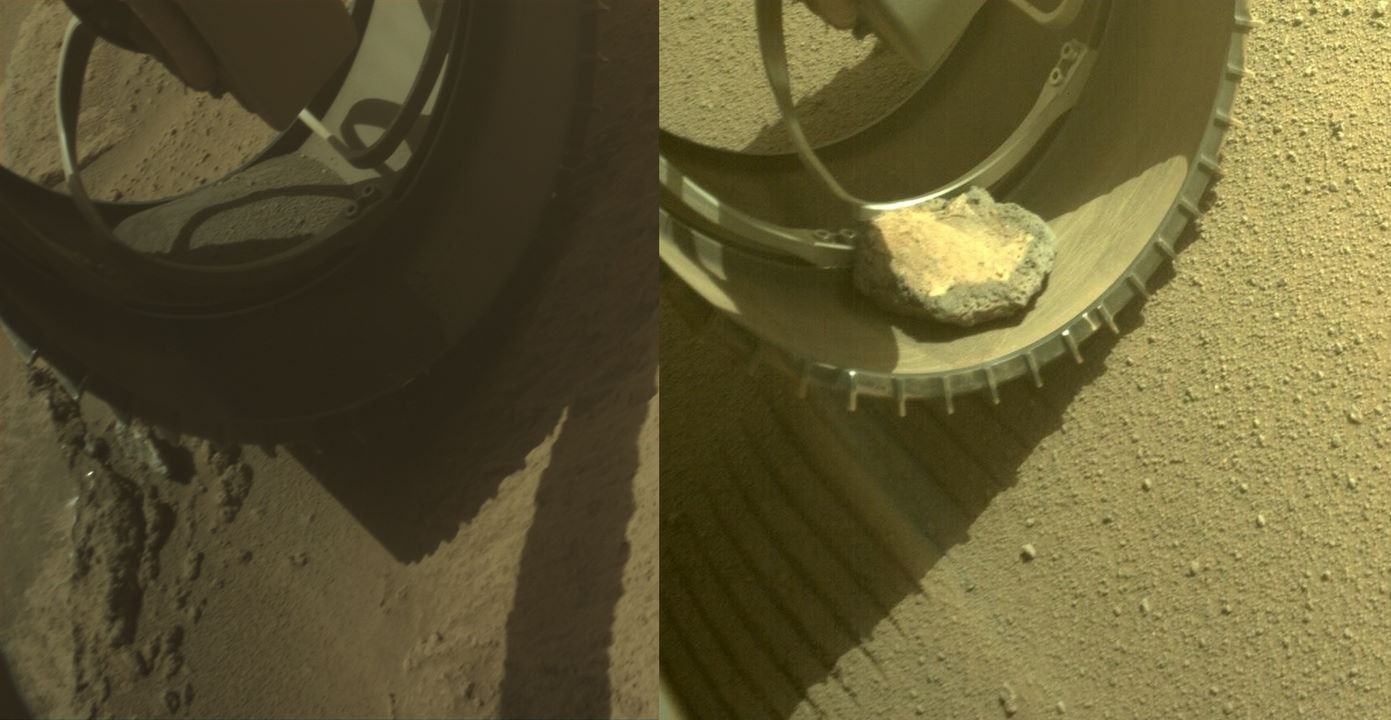 Справа зображене колесо ще з камінчиком у лютому 2022 а зліва&amp;nbsp;— вже без нього у квітні 2023. NASA / JPL