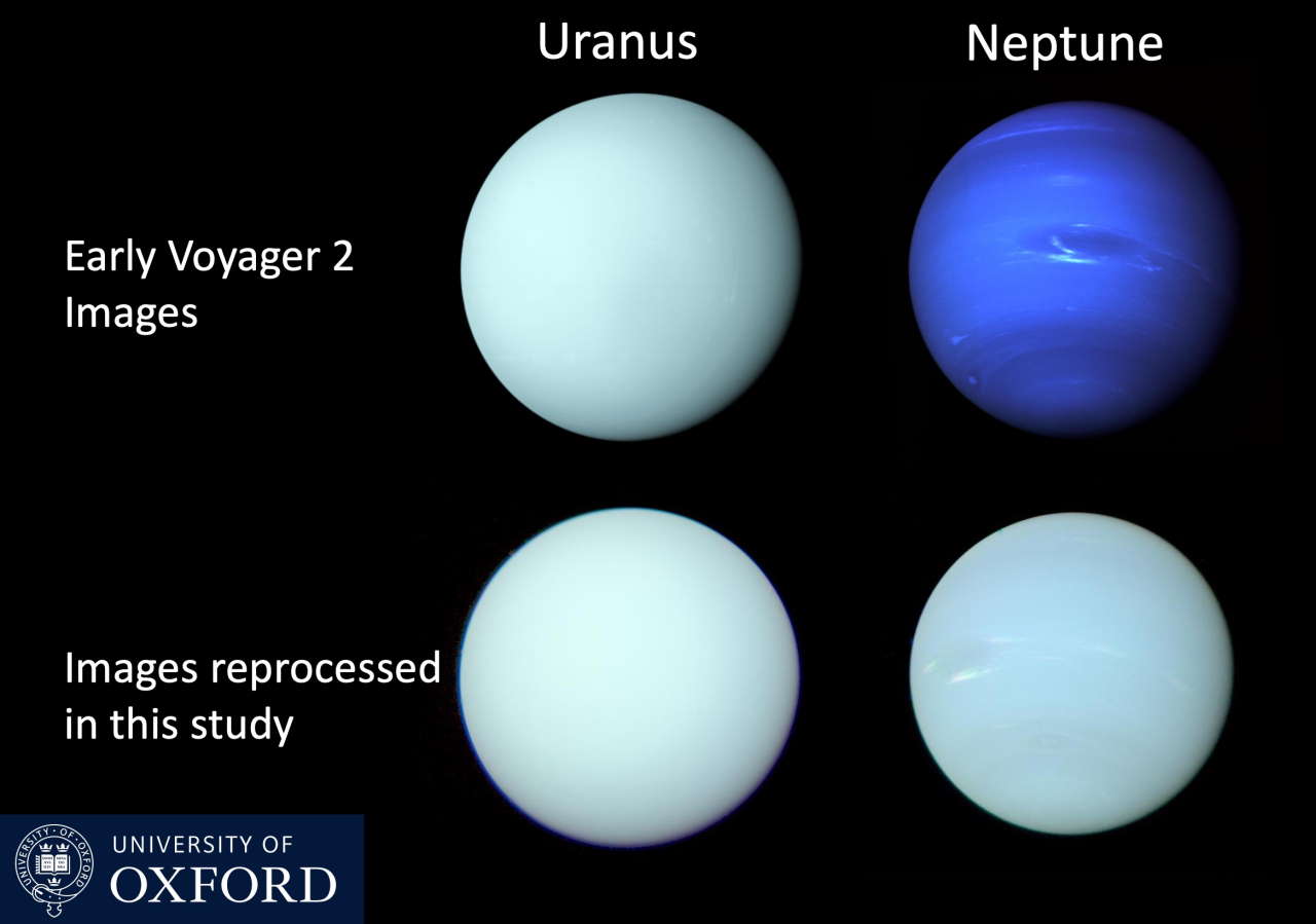 Порівняння світлин Урана й Нептуна (згори) до обробки знімків&amp;nbsp;«Вояджера-2» та після (внизу).&amp;nbsp;University of Oxford