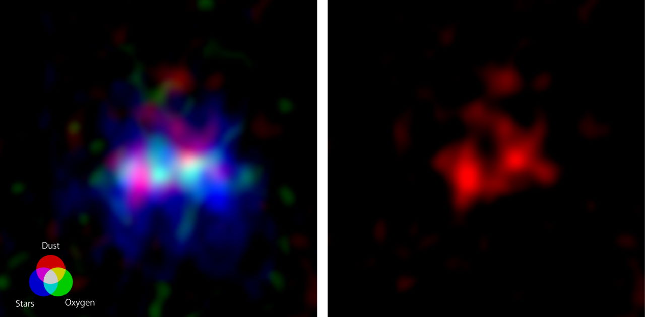 Зображення галактики MACS0416_Y1. Кожна світлина охоплює приблизно 15 тисяч світлових років. Зліва галактика зображенна за випромінюванням у радіодіапазоні від пилу, кисню і зір, а справа&amp;nbsp;—&amp;nbsp;Зображення галактики лише з урахуванням випромінювання пилу.&amp;nbsp; ALMA (ESO/NAOJ/NRAO), Y. Tamura et al.
