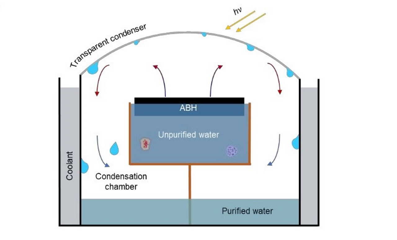 Схематичне зображення сонячної дистиляції, де антибактеріальний гідрогель на поверхні забрудненої води позначений як ABH.&amp;nbsp;Youhong Guo et al. /&amp;nbsp;Advanced Materials, 2021