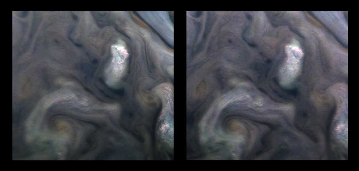 Два знімки JunoCam, які використовувалися для моделювання. Час між ними складає близько чотирьох хвилин.&amp;nbsp;Gerald Eichstädt et al. 