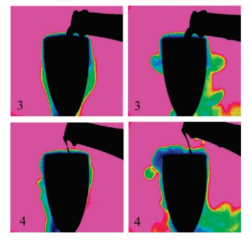 Розливання шампанського різної температури по бокалах в об'єктиві інфрачервоної камери. Gérard Liger-Belair et al. / J. Agric. Food Chem, 2010