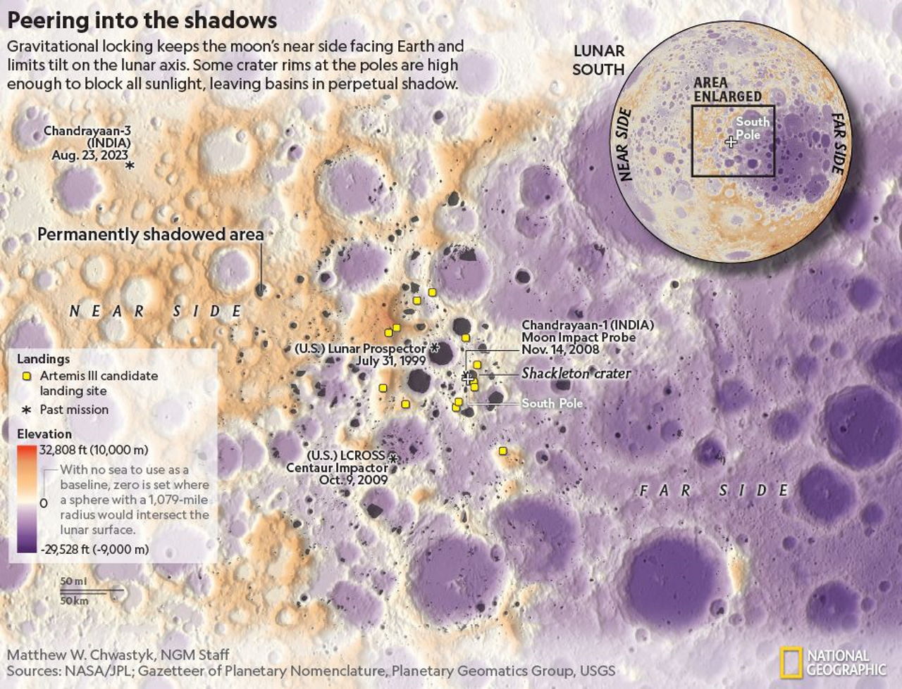 Нова мапа південного полюса Місяця біля кратера Шеклтон, яку створили завдяки світлинам. Жовтим позначені місця висадки астронавтів&amp;nbsp;«Артеміда-3».&amp;nbsp;NASA / PL; Gazetteer of Planetary Nomenclature, Planetary Geomatics Group, USGS, Matthew W. Chwastyk, NGM Staff