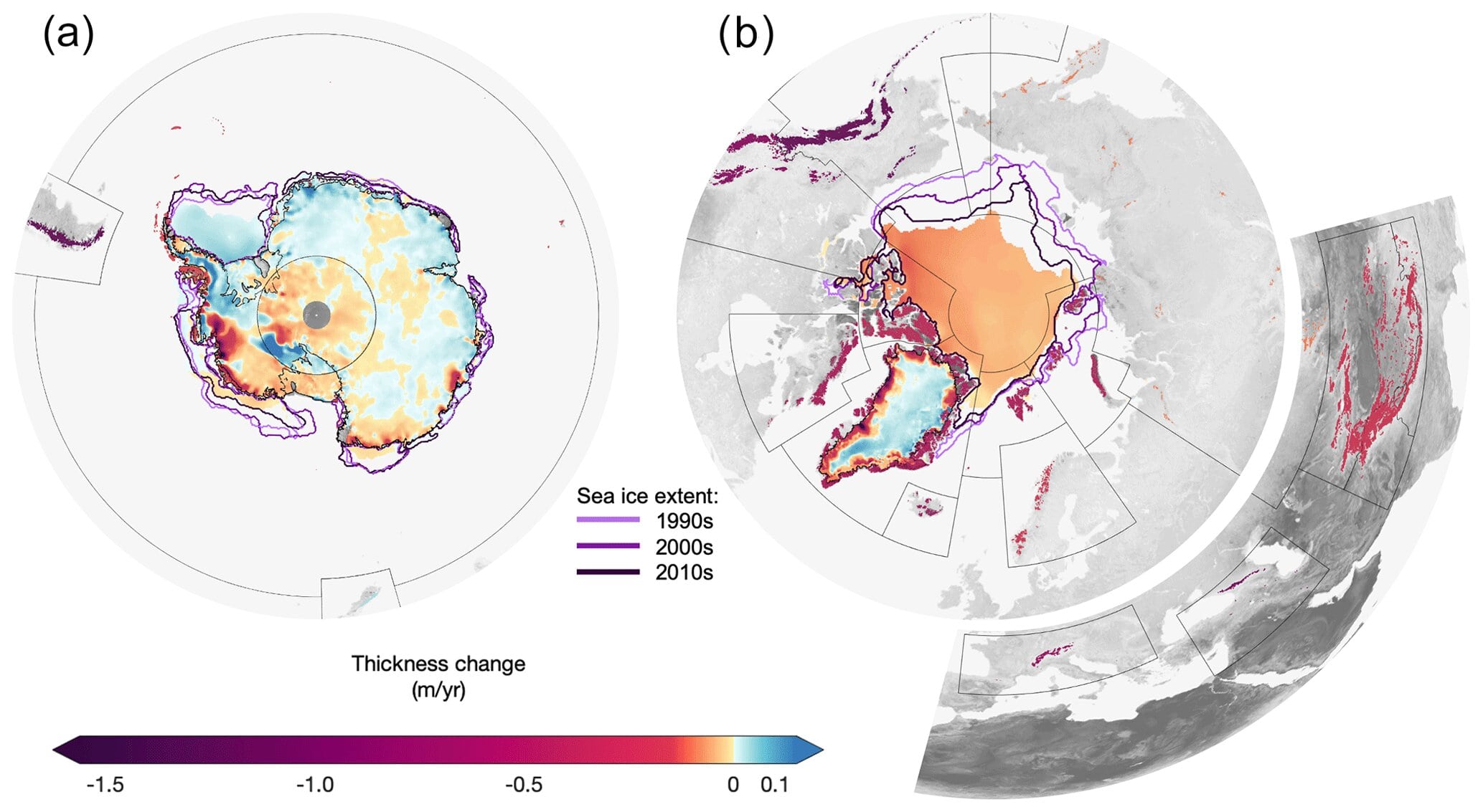 Зміни у товщі льоду в Південній (а) та Північній півкулі (b). Thomas Slater et al.