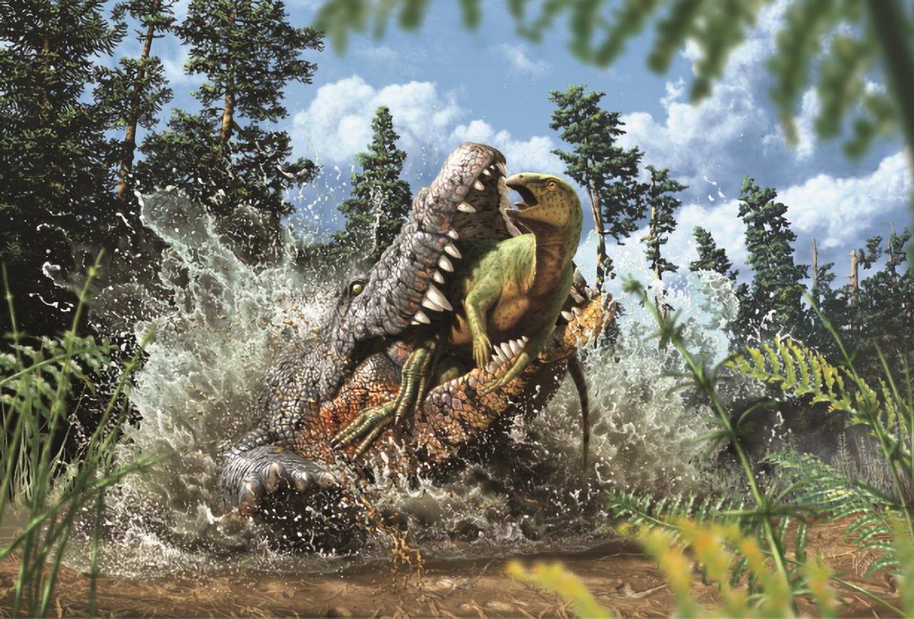 Художнє зображення орнітопода в пащі древнього крокодила.&amp;nbsp;Matt A. White et al. / Gondwana Research, 2022