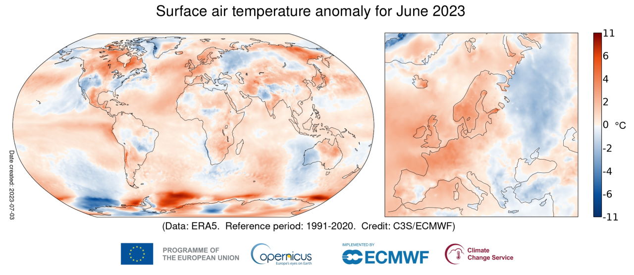 Температура повітря у червні 2023 відносно середньої температури за червень 1991-2020 років. Copernicus Climate Change Service / ECMWF.