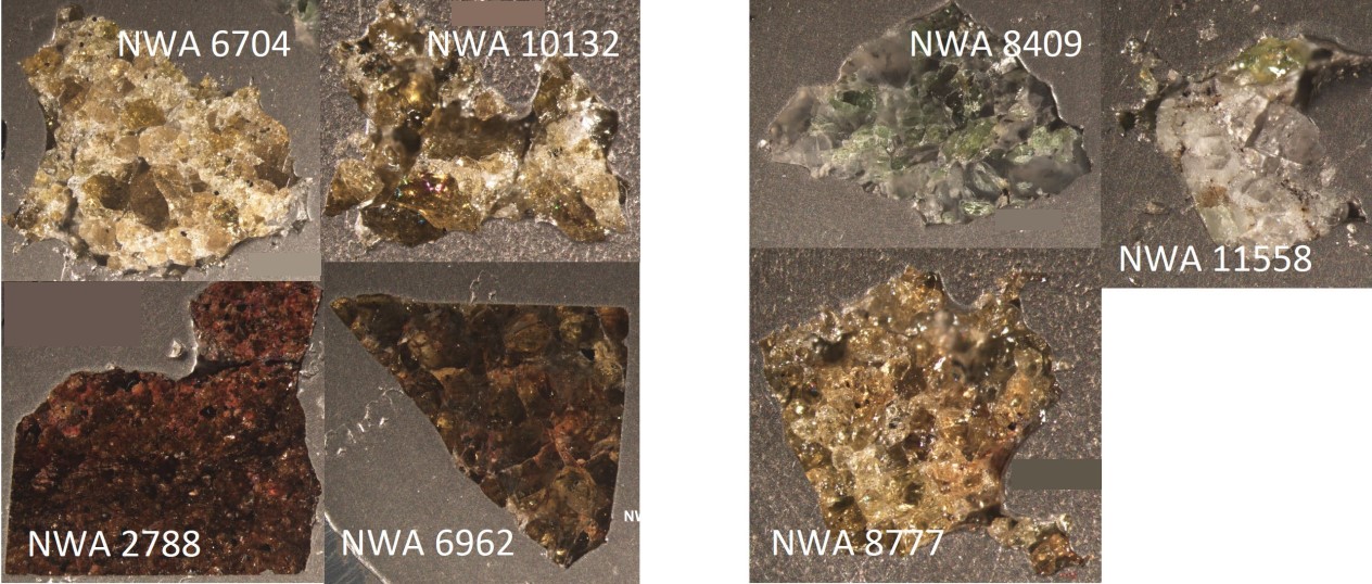Мікрофотографії уламків метеоритів, які аналізувалися у дослідженні. Зліва зображено вуглецеві метеорити із зовнішньої частини Сонячної системи, а справа — невуглецеві з внутрішньої. M. E. Newcombe et al. / Nature, 2023