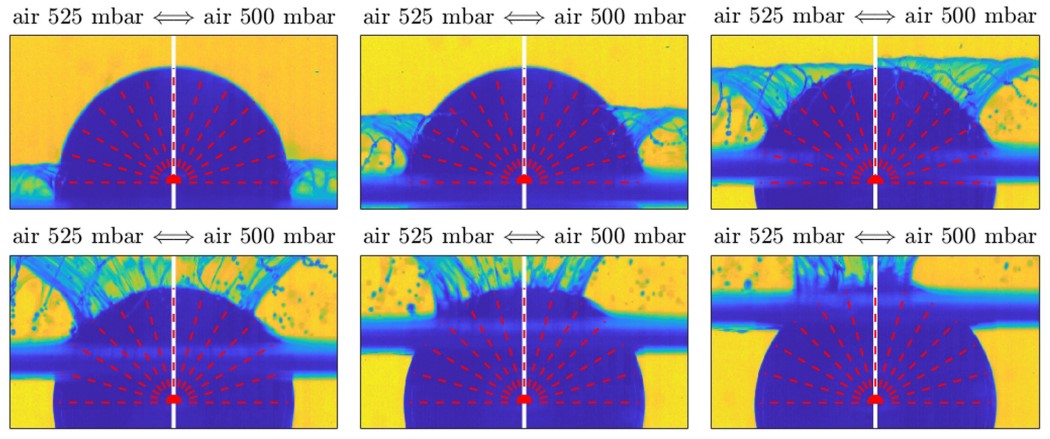 Порівняння удару у повітрі щільністю в 0,525 атмосфери (ліві частини зображення) та в 0,5 атмосфери (справа). Інтервал між кадрами складає одну мілісекунду. Hollis Williams et al. / Physical Review Fluids, 2022