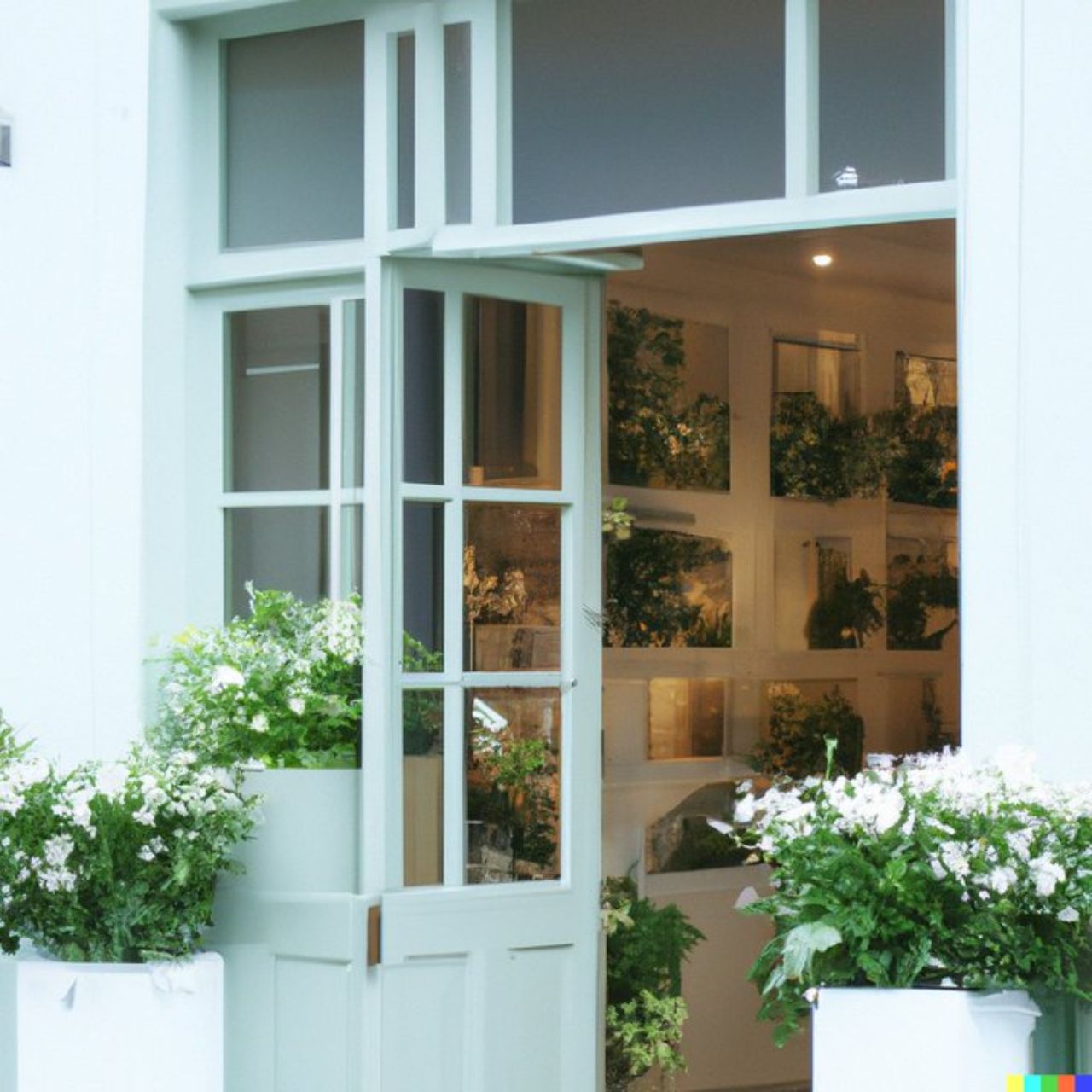 «Фото справжньої вітрини квіткового магазину з пастельно-зеленим та чистим білим фасадом, відкритими дверима та великим вікном»