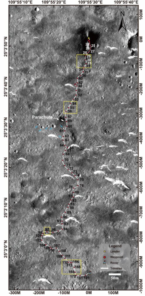 Маршрут марсохода, де жовтим позначено цікаві для планетологів регіони. У точках 96–97 знаходиться кратер А, у точках&amp;nbsp;164–166 - кратер Б.