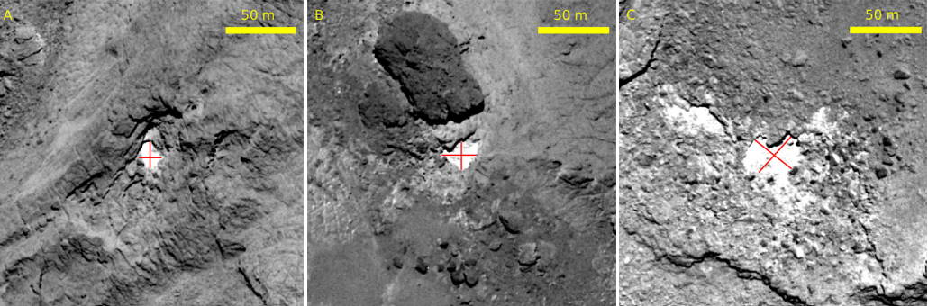 Плями на знімках&amp;nbsp;«Розетти», які на думку вчених є входами у печери.&amp;nbsp;CNES / ESA / Rosetta / MPS / OSIRIS / Guillaume Faury et al. / arXiv, 2024